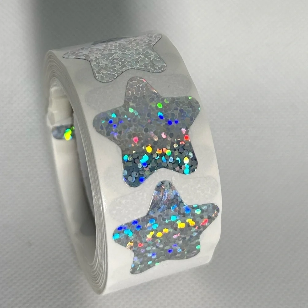 Holographic Silvery Star Stickers Self Adhesive Metallic Glitter Foil 1" - Picture 6 of 10